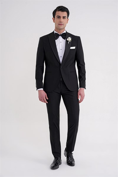 Slim Fit Fleto Cep Çıkarılabilir Saten Yaka Düz Siyah Damatlık Smokin Takım Altro 032