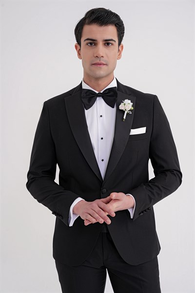 Slim Fit Fleto Cep Çıkarılabilir Saten Yaka Düz Siyah Damatlık Smokin Takım Altro 032