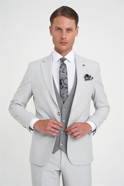 Slim Fit Fleto Cep Pötikare Desenli Yelekli Gri Takım Elbise Tk 922