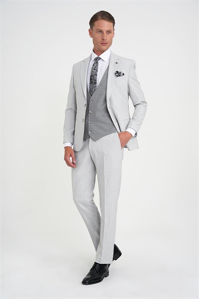 Slim Fit Fleto Cep Pötikare Desenli Yelekli Gri Takım Elbise Tk 922