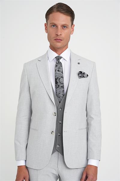 Slim Fit Fleto Cep Pötikare Desenli Yelekli Gri Takım Elbise Tk 922