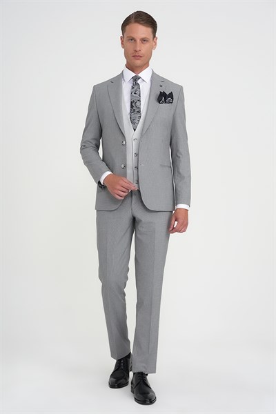 Slim Fit Fleto Cep Pötikare Desenli Yelekli Siyah Takım Elbise Tk 922