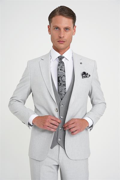 Slim Fit Fleto Cep Pötikare Desenli Yelekli Gri Takım Elbise Tk 922