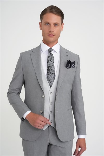 Slim Fit Fleto Cep Pötikare Desenli Yelekli Siyah Takım Elbise Tk 922