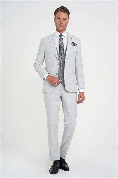 Slim Fit Fleto Cep Pötikare Desenli Yelekli Gri Takım Elbise Tk 922