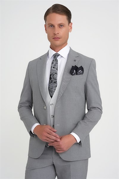 Slim Fit Fleto Cep Pötikare Desenli Yelekli Siyah Takım Elbise Tk 922