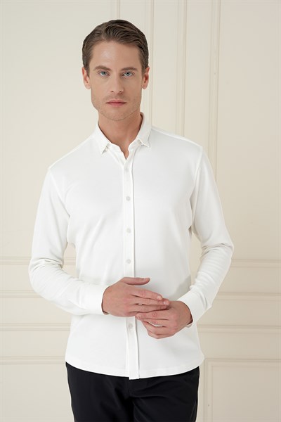 Slim Fit Gizli Düğme Yakalı Esnek Pamuk Ekru Gömlek G 1583