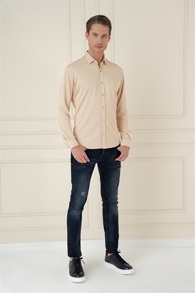 Slim Fit Gizli Düğme Yakalı Esnek Pamuk Bej Gömlek G 1583