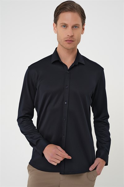 Slim Fit Gizli Düğme Yakalı Esnek Pamuk Lacivert Gömlek G 1583
