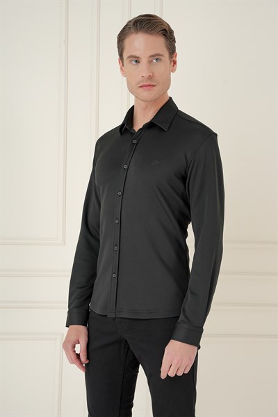 Slim Fit Gizli Düğme Yakalı Esnek Pamuk Siyah Gömlek G 1583