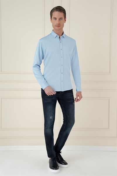 Slim Fit Gizli Düğme Yakalı Esnek Pamuk Mavi Gömlek G 1583
