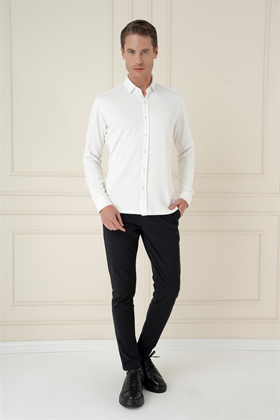 Slim Fit Gizli Düğme Yakalı Esnek Pamuk Ekru Gömlek G 1583