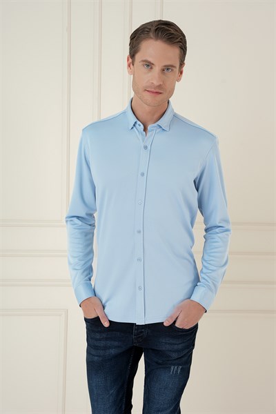 Slim Fit Gizli Düğme Yakalı Esnek Pamuk Mavi Gömlek G 1583
