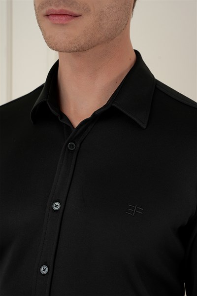 Slim Fit Gizli Düğme Yakalı Esnek Pamuk Siyah Gömlek G 1583