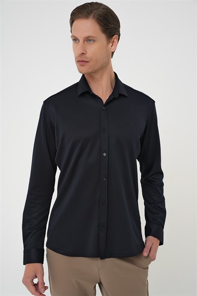 Slim Fit Gizli Düğme Yakalı Esnek Pamuk Lacivert Gömlek G 1583