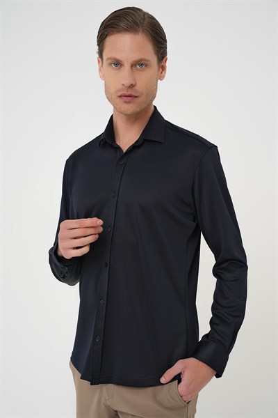 Slim Fit Gizli Düğme Yakalı Esnek Pamuk Lacivert Gömlek G 1583