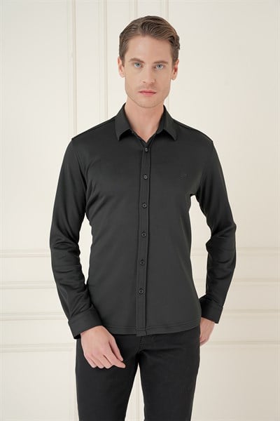 Slim Fit Gizli Düğme Yakalı Esnek Pamuk Siyah Gömlek G 1583