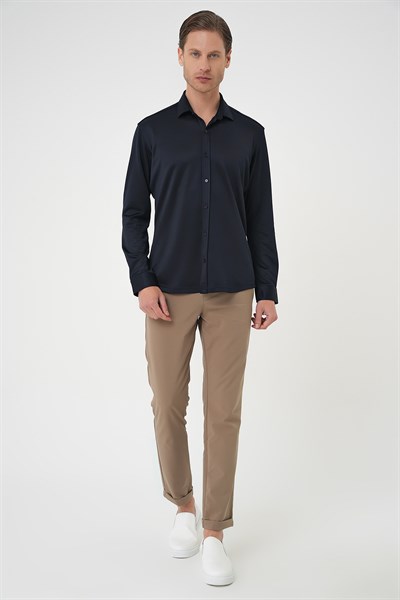 Slim Fit Gizli Düğme Yakalı Esnek Pamuk Lacivert Gömlek G 1583