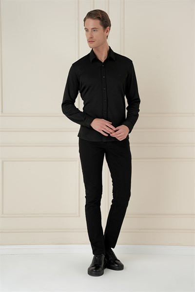 Slim Fit Gizli Düğme Yakalı Esnek Pamuk Siyah Gömlek G 1583
