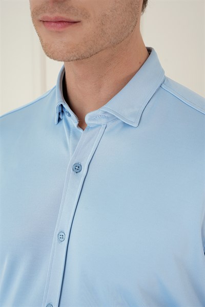 Slim Fit Gizli Düğme Yakalı Esnek Pamuk Mavi Gömlek G 1583
