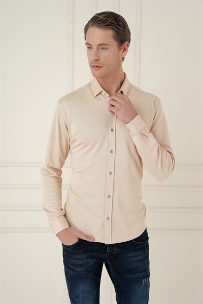 Slim Fit Gizli Düğme Yakalı Esnek Pamuk Bej Gömlek G 1583