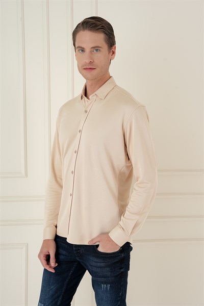 Slim Fit Gizli Düğme Yakalı Esnek Pamuk Bej Gömlek G 1583