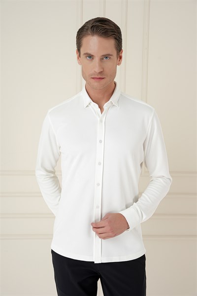 Slim Fit Gizli Düğme Yakalı Esnek Pamuk Ekru Gömlek G 1583