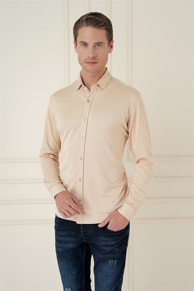 Slim Fit Gizli Düğme Yakalı Esnek Pamuk Bej Gömlek G 1583