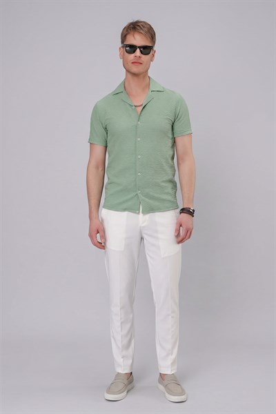 Slim Fit Gofre Kumaş Apaş Yaka Kısa Kollulu Yeşil Gömlek G 1536