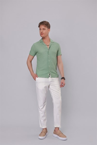 Slim Fit Gofre Kumaş Apaş Yaka Kısa Kollulu Yeşil Gömlek G 1536
