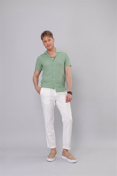 Slim Fit Gofre Kumaş Apaş Yaka Kısa Kollulu Yeşil Gömlek G 1536