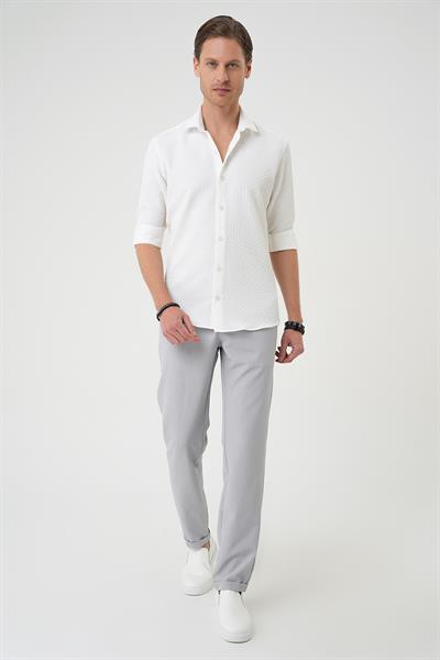 Slim Fit Gofre Kumaş Desenli Kısa Kol Beyaz Gömlek  G 1592