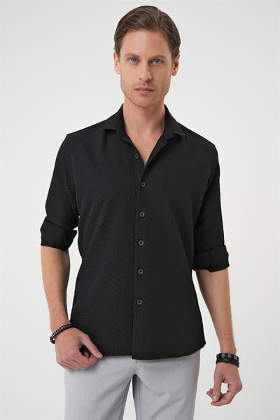 Slim Fit Gofre Kumaş Desenli Kısa Kol Siyah Gömlek  G 1592