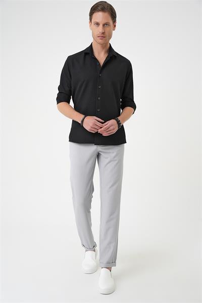 Slim Fit Gofre Kumaş Desenli Kısa Kol Siyah Gömlek  G 1592