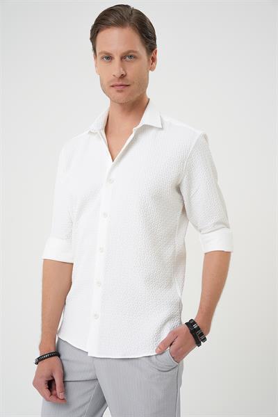 Slim Fit Gofre Kumaş Desenli Kısa Kol Beyaz Gömlek  G 1592