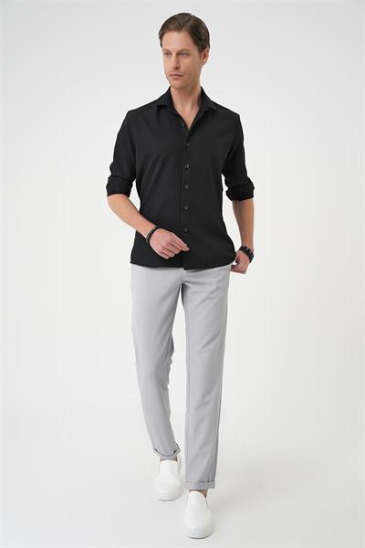 Slim Fit Gofre Kumaş Desenli Kısa Kol Siyah Gömlek  G 1592