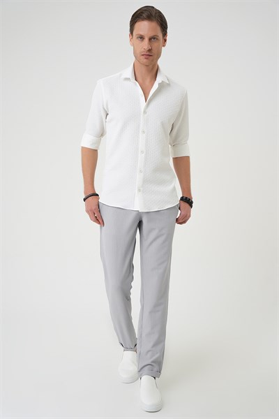 Slim Fit Gofre Kumaş Desenli Uzun Kol Beyaz Gömlek  G 1592