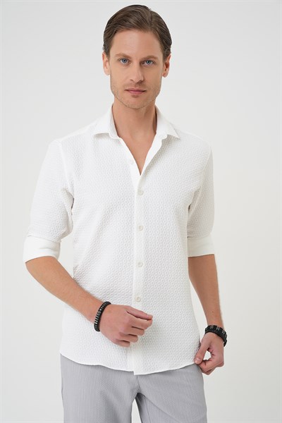 Slim Fit Gofre Kumaş Desenli Uzun Kol Beyaz Gömlek  G 1592