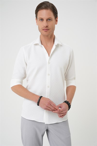 Slim Fit Gofre Kumaş Desenli Uzun Kol Beyaz Gömlek  G 1592