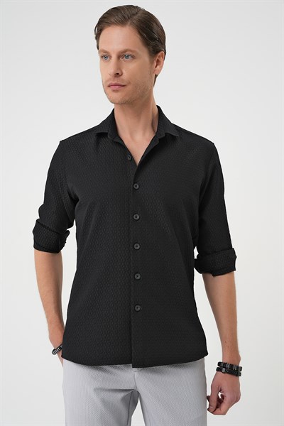 Slim Fit Gofre Kumaş Desenli Uzun Kol Siyah Gömlek  G 1592