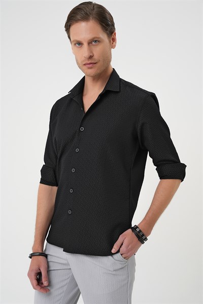 Slim Fit Gofre Kumaş Desenli Uzun Kol Siyah Gömlek  G 1592