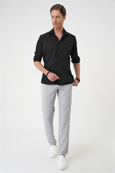 Slim Fit Gofre Kumaş Desenli Uzun Kol Siyah Gömlek  G 1592