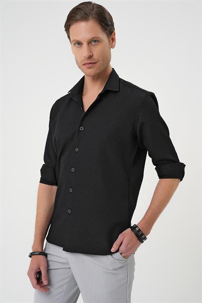 Slim Fit Gofre Kumaş Desenli Uzun Kol Siyah Gömlek  G 1592