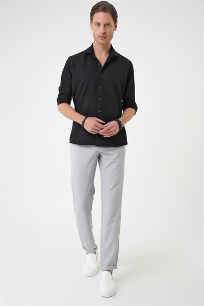 Slim Fit Gofre Kumaş Desenli Uzun Kol Siyah Gömlek  G 1592