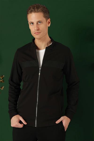 Slim Fit Hakim Yaka Önü Taş Baskılı Siyah Mont MT 170