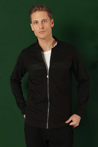 Slim Fit Hakim Yaka Önü Taş Baskılı Siyah Mont MT 170