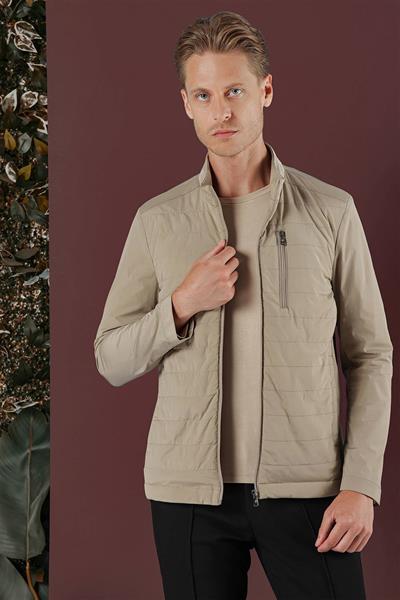 Slim Fit Hakim Yaka Yan Cep Fermuarlı Bej Rüzgarlık Mont MT 168