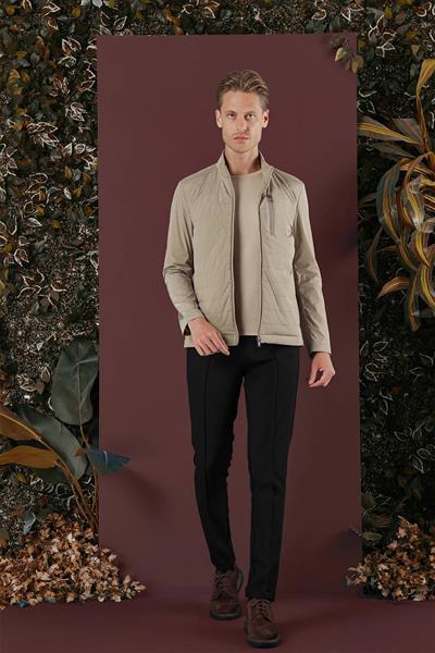 Slim Fit Hakim Yaka Yan Cep Fermuarlı Bej Rüzgarlık Mont MT 168