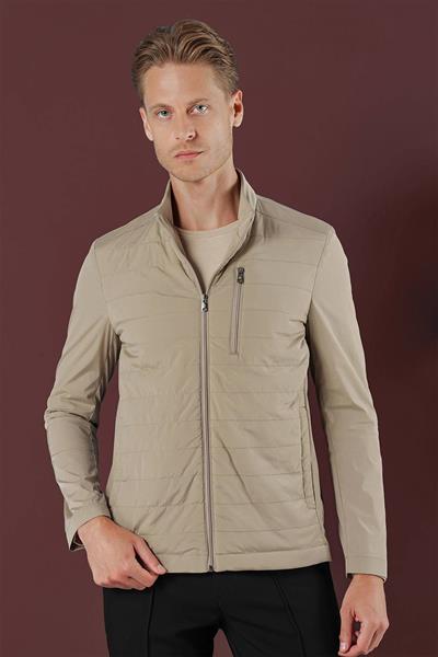 Slim Fit Hakim Yaka Yan Cep Fermuarlı Bej Rüzgarlık Mont MT 168