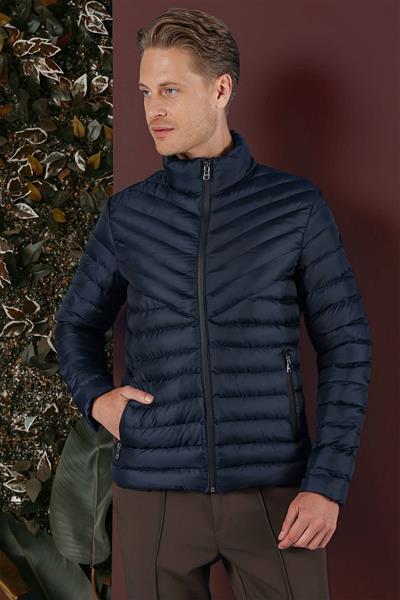 Slim Fit Hakim Yaka Yan Cepli Fermuarlı Lacivert Şişme Mont MT 165